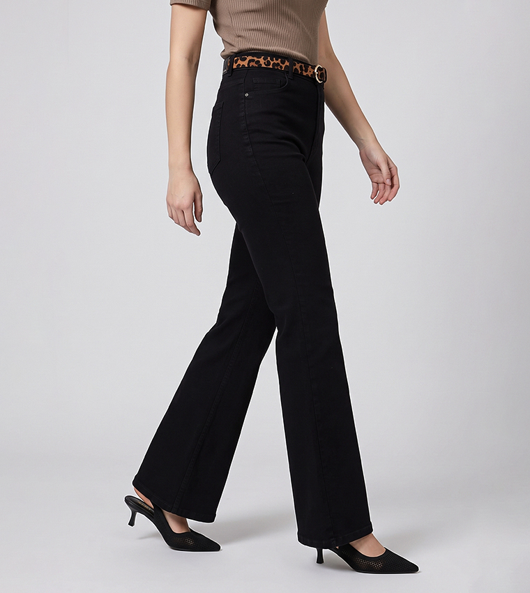 Washed Button Closure Flared Jeans