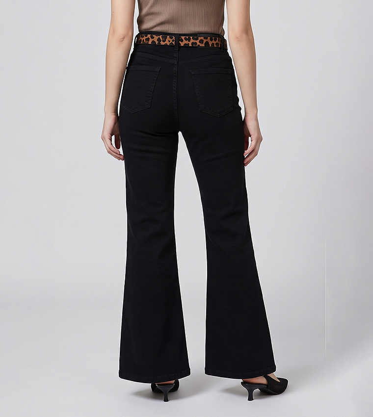 Washed Button Closure Flared Jeans