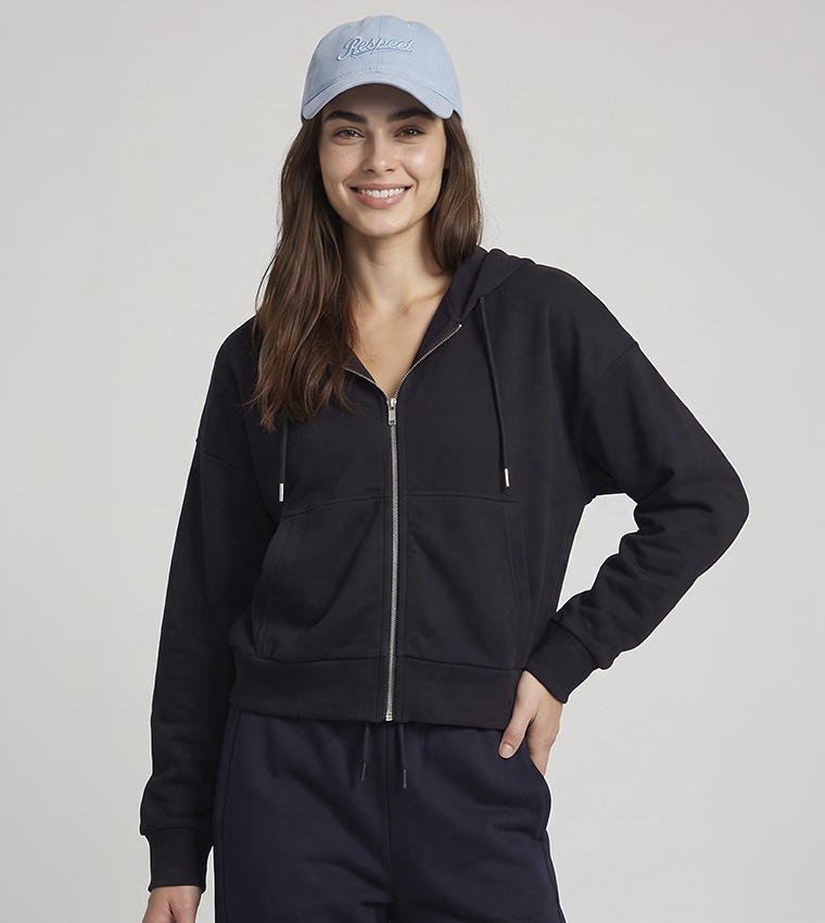 Solid Hooded Jacket with Zipper Closure