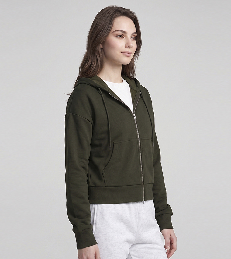 Solid Hooded Jacket with Zipper Closure