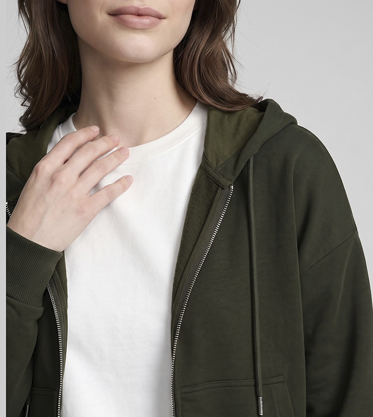 Solid Hooded Jacket with Zipper Closure