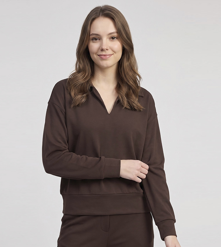 Solid Collared Sweatshirt with Long Sleeves