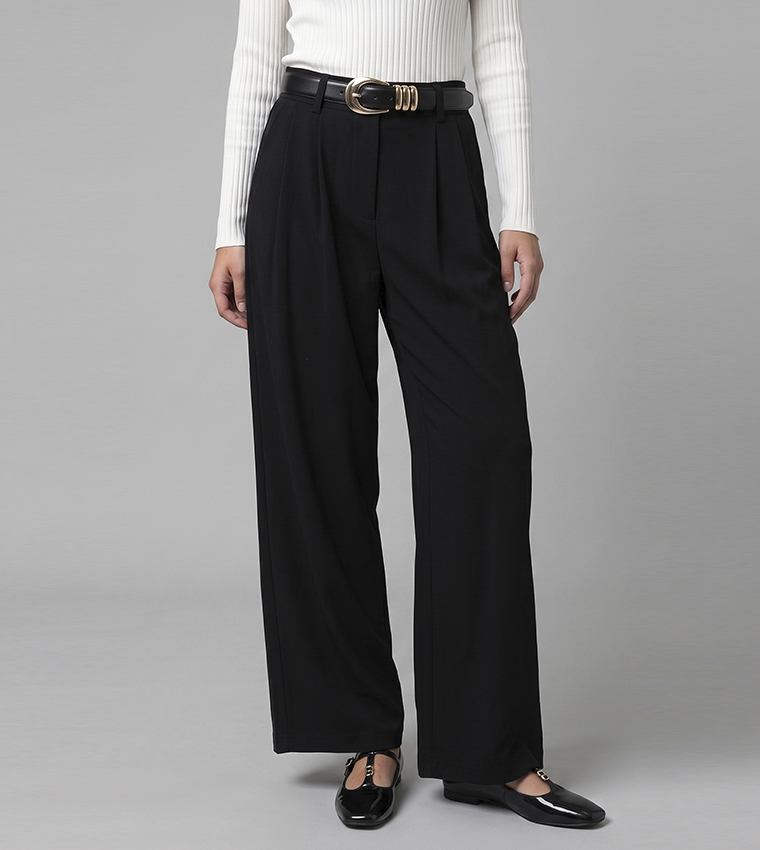Solid Pleated Trousers with Button Closure