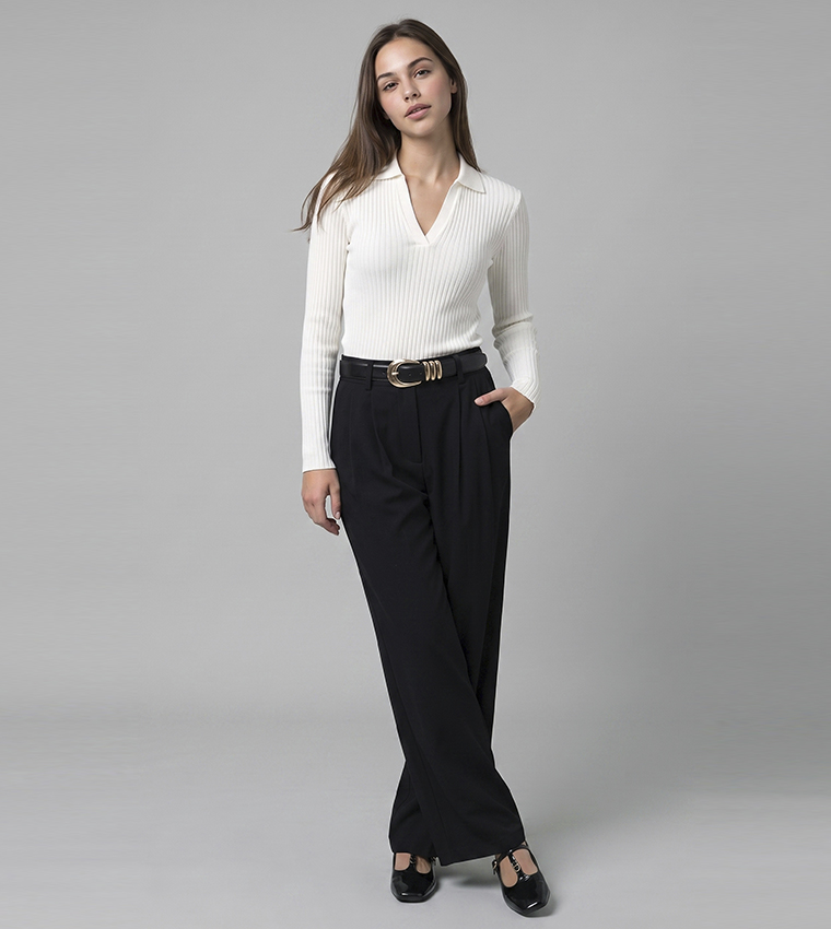 Solid Pleated Trousers with Button Closure