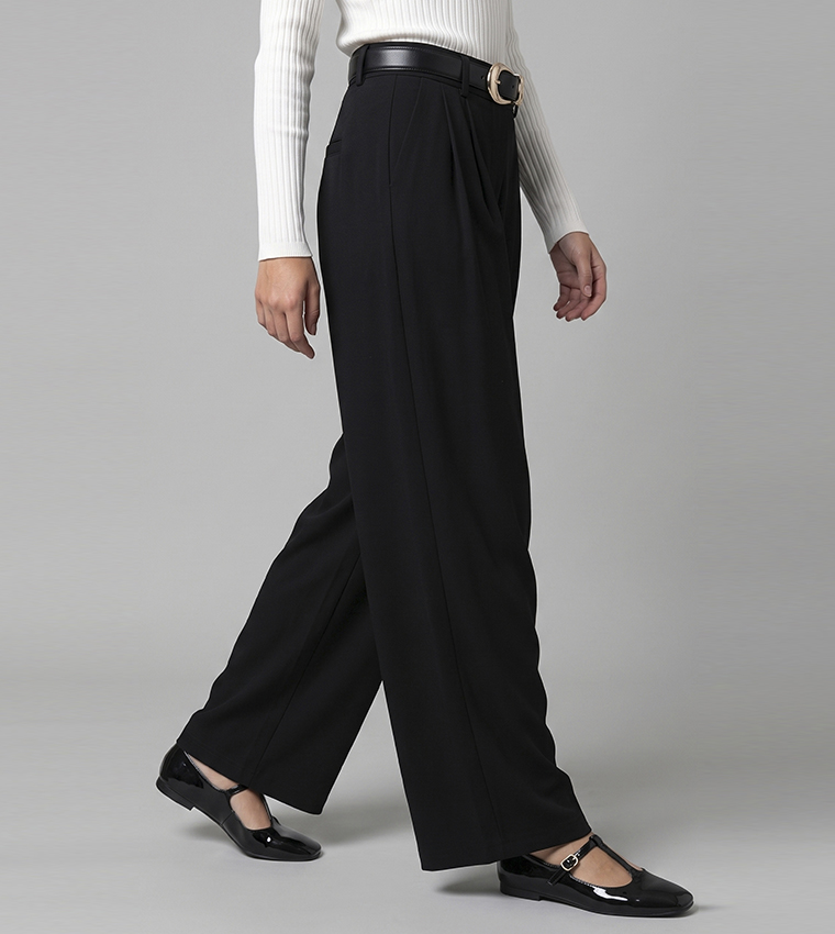 Solid Pleated Trousers with Button Closure