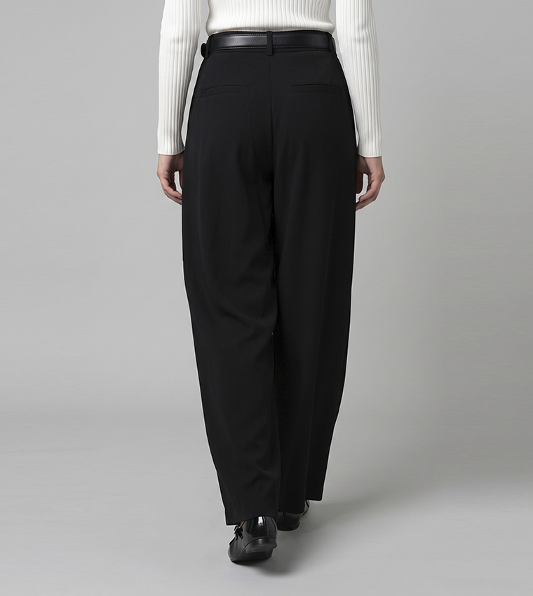 Solid Pleated Trousers with Button Closure