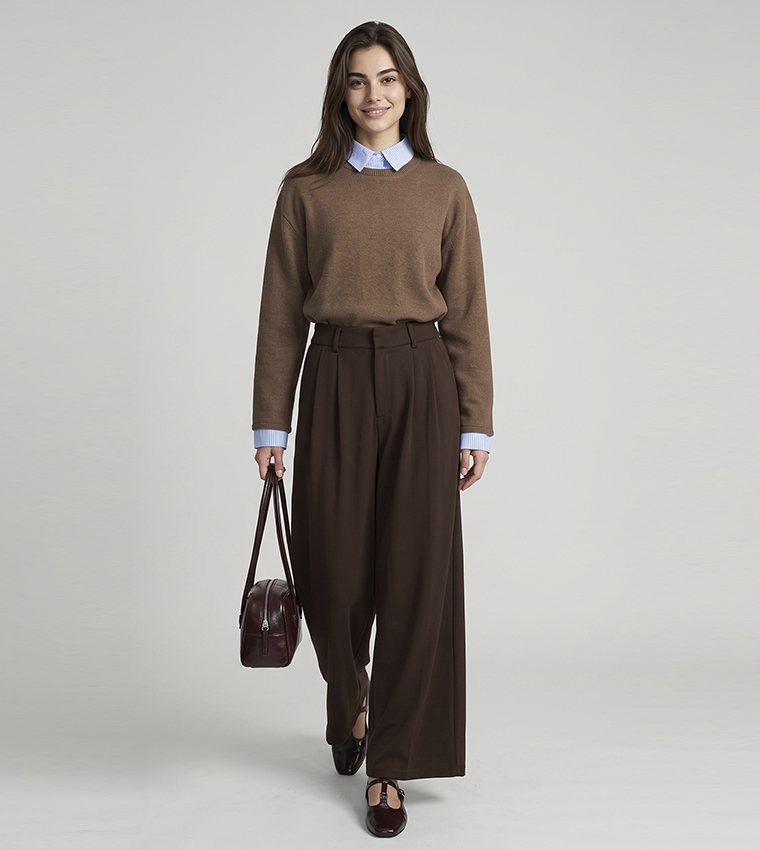 Solid Pleated Trousers with Button Closure