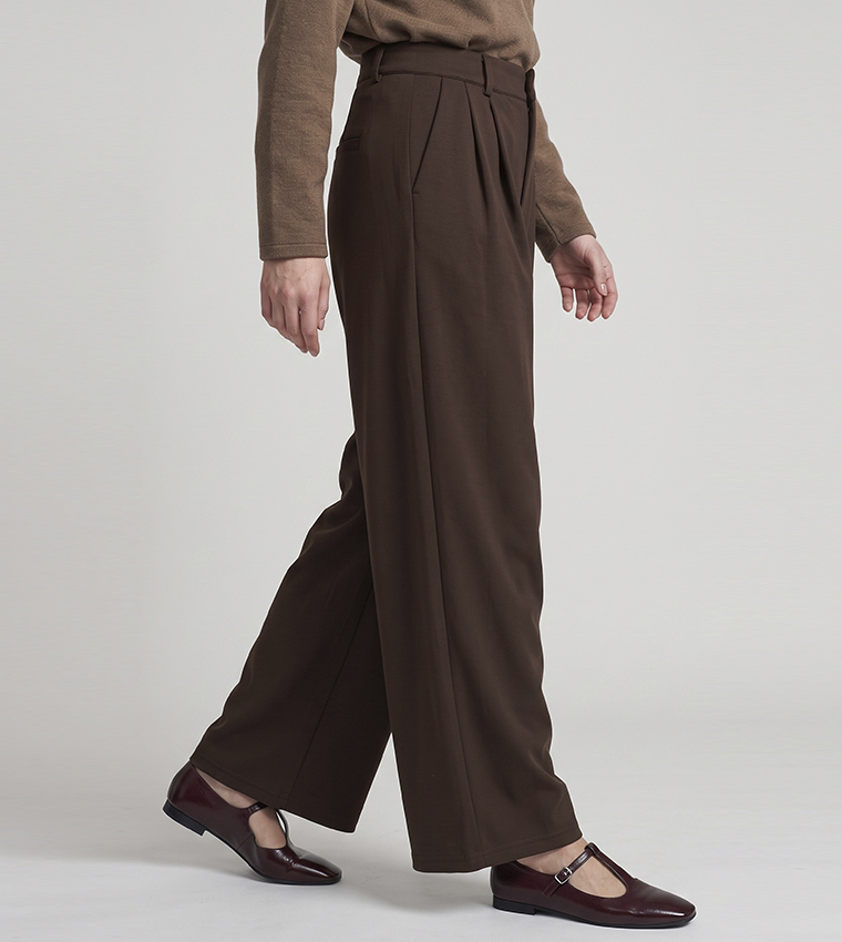 Solid Pleated Trousers with Button Closure