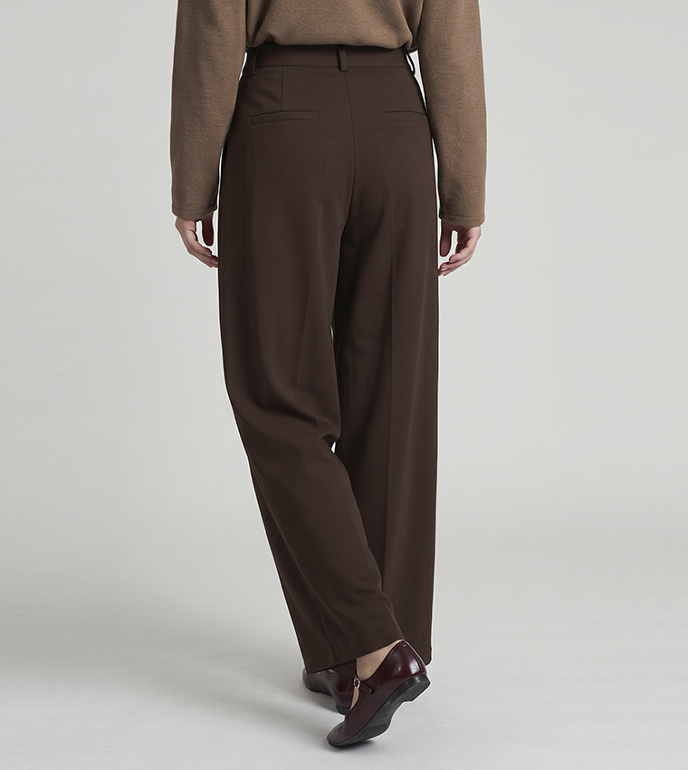Solid Pleated Trousers with Button Closure