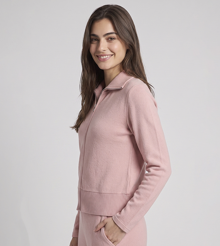 Solid Collared Jacket with Zipper Closure