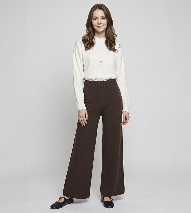 Solid Knit Pants with Elastic Waist