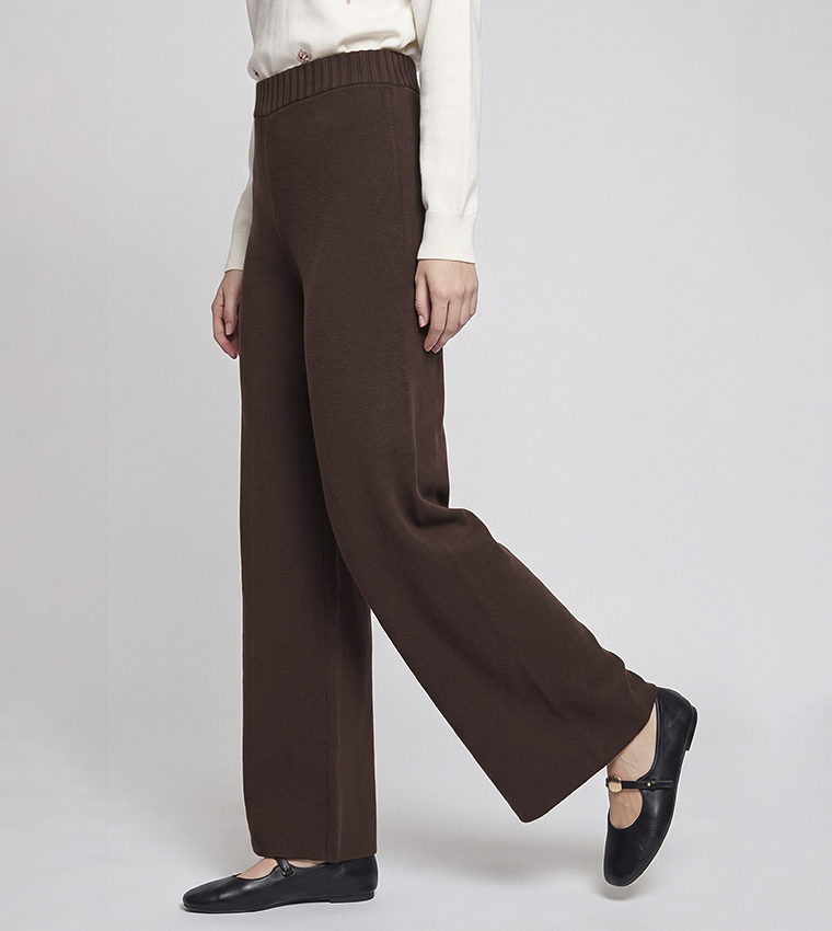 Solid Knit Pants with Elastic Waist
