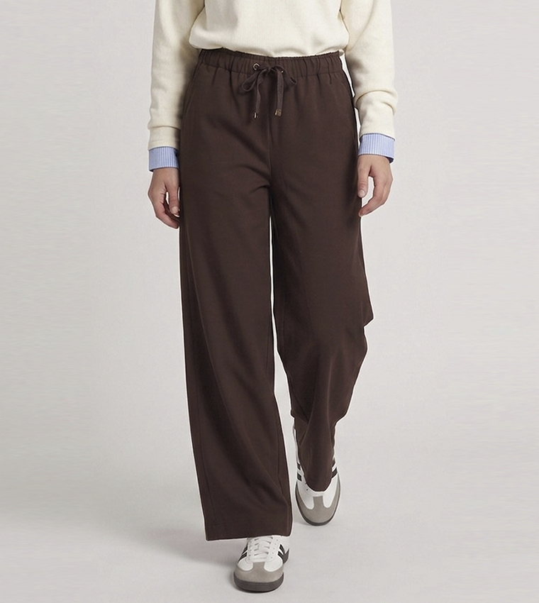 Solid Wide Leg Pants with Drawstring Waist
