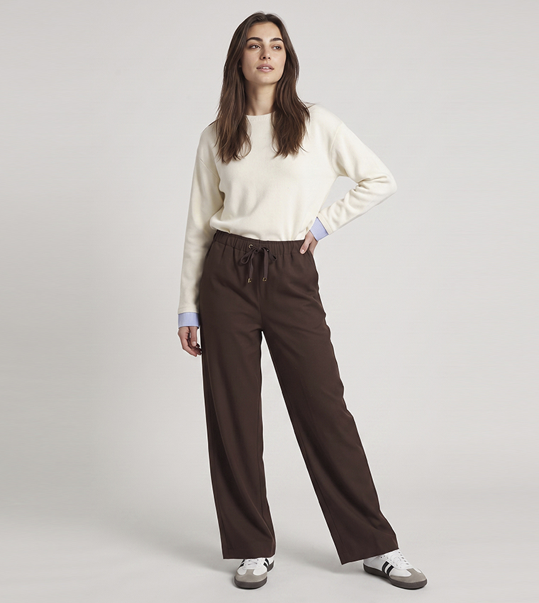 Solid Wide Leg Pants with Drawstring Waist