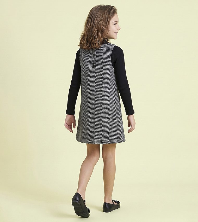 Solid Top and Patterned Pinafore Dress Set