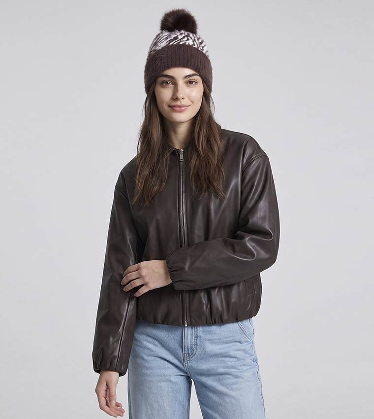 Solid Bomber Jacket with Zipper Closure