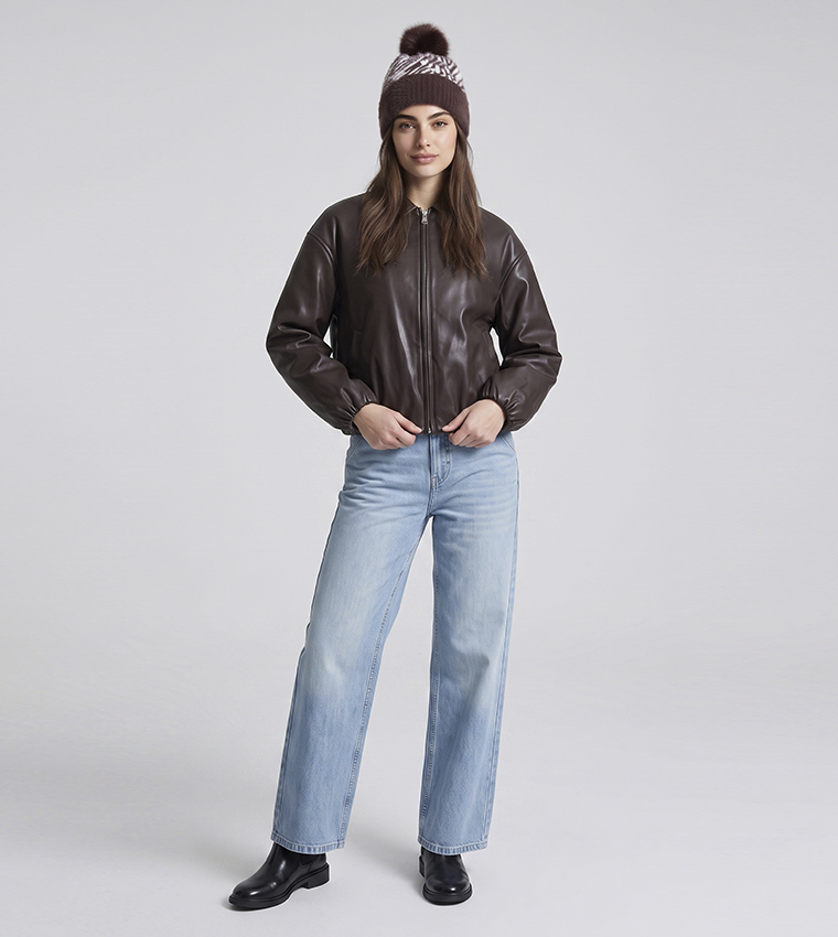 Solid Bomber Jacket with Zipper Closure