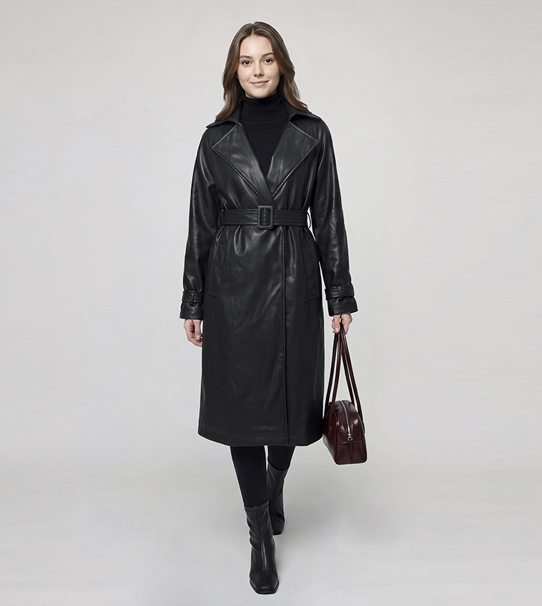 Solid Collared Coat with Waist Belt