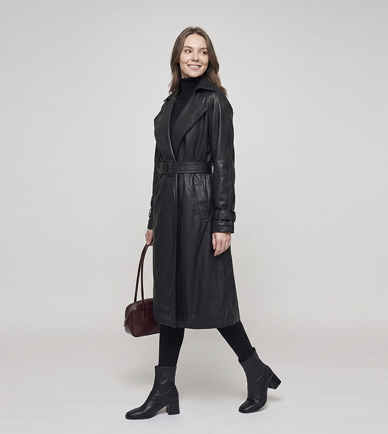 Solid Collared Coat with Waist Belt