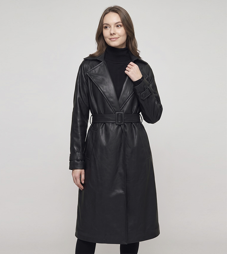 Solid Collared Coat with Waist Belt