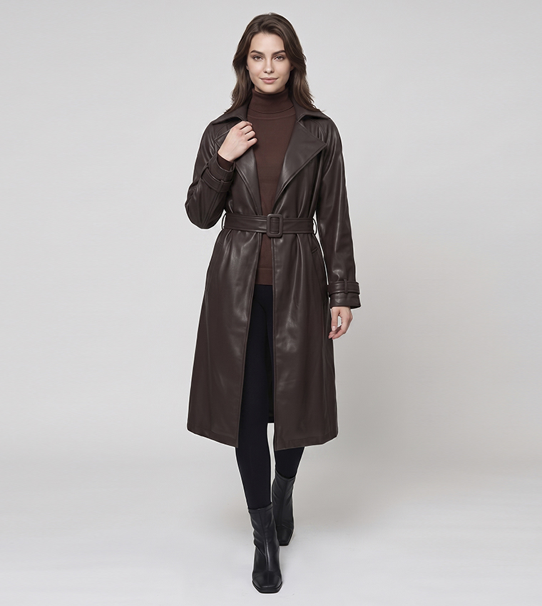 Solid Collared Coat with Waist Belt