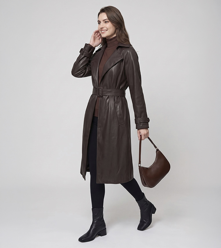 Solid Collared Coat with Waist Belt
