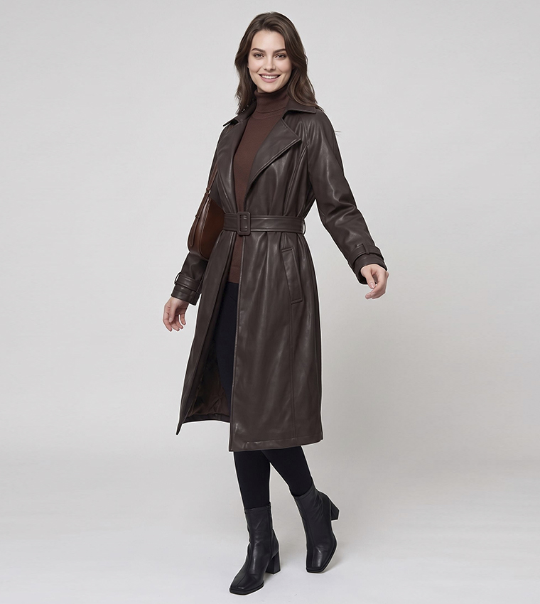 Solid Collared Coat with Waist Belt