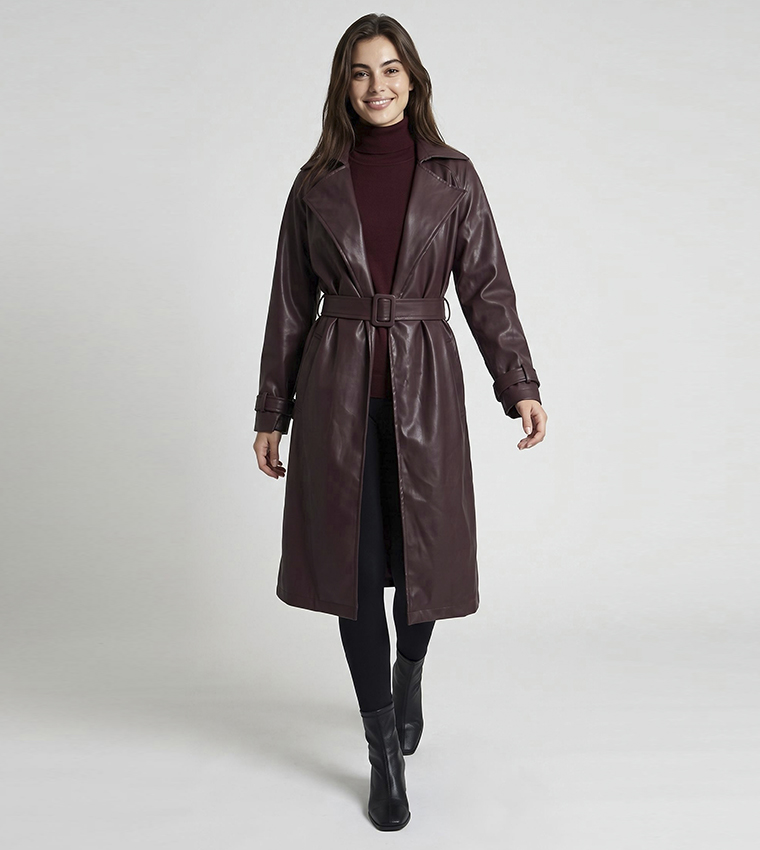 Solid Collared Coat with Waist Belt