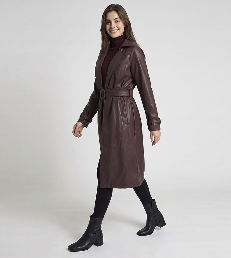 Solid Collared Coat with Waist Belt