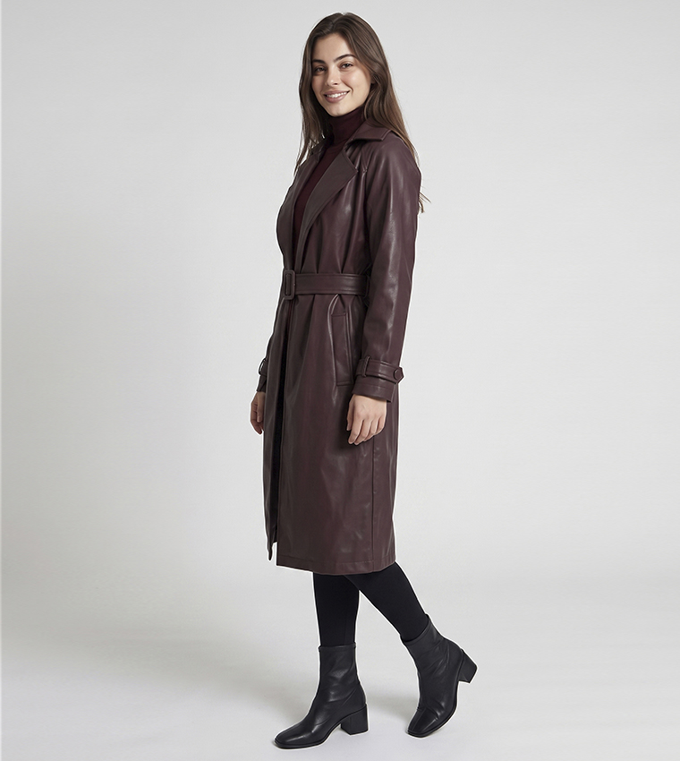 Solid Collared Coat with Waist Belt