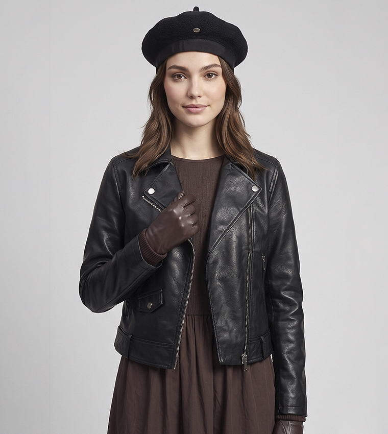 Solid Moto Jacket with Zipper Closure