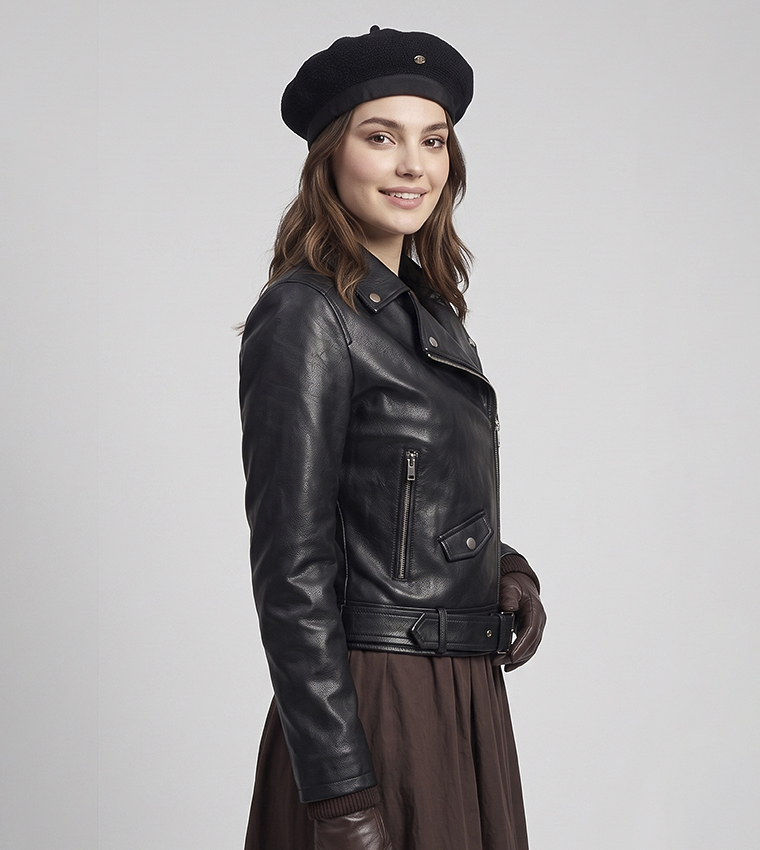 Solid Moto Jacket with Zipper Closure