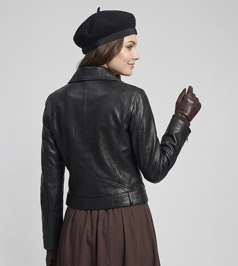 Solid Moto Jacket with Zipper Closure