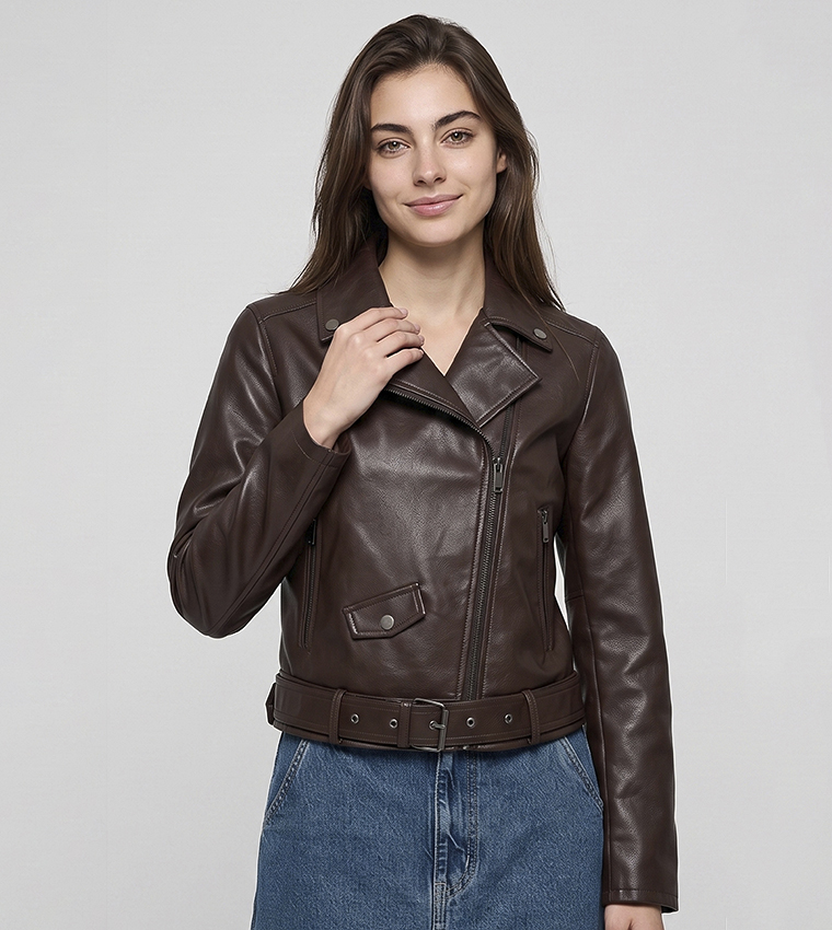 Solid Moto Jacket with Zipper Closure