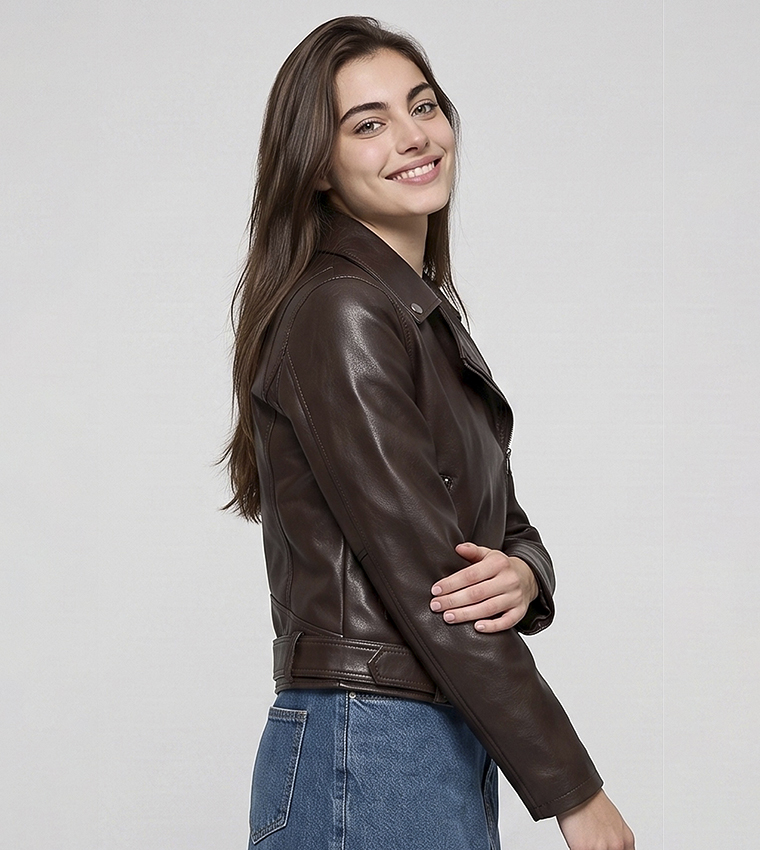 Solid Moto Jacket with Zipper Closure