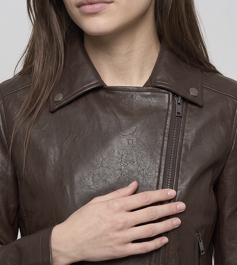 Solid Moto Jacket with Zipper Closure