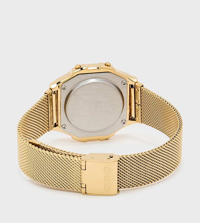 Gold Dial Stainless Steel Strap Digital Watch