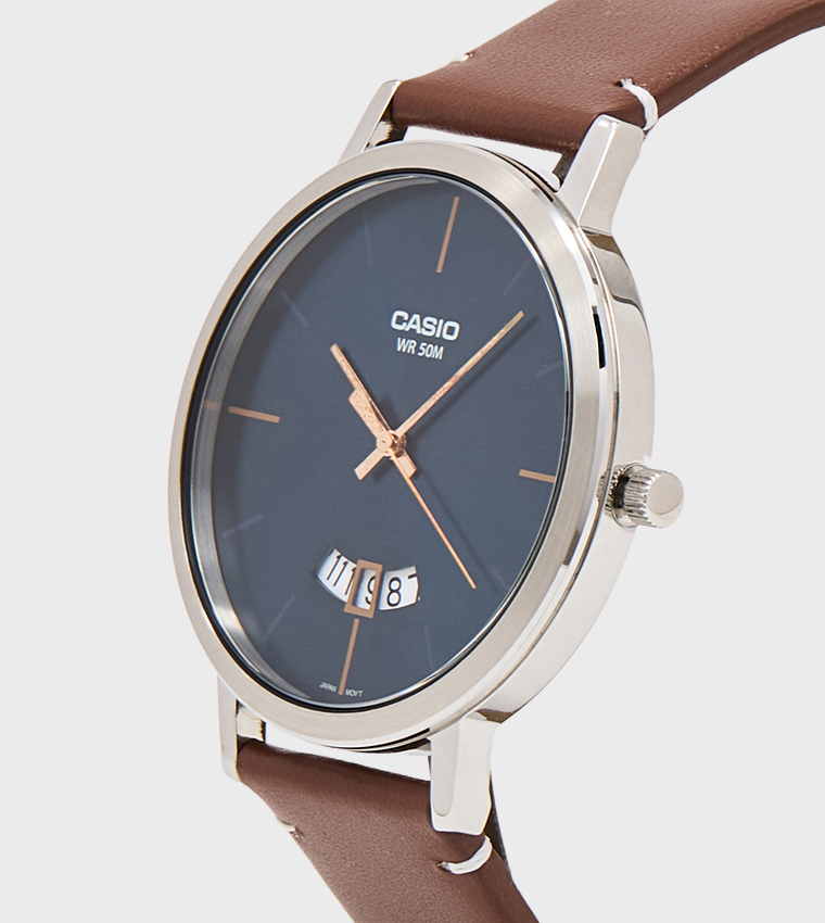 Blue Dial Leather Strap Analog Watch