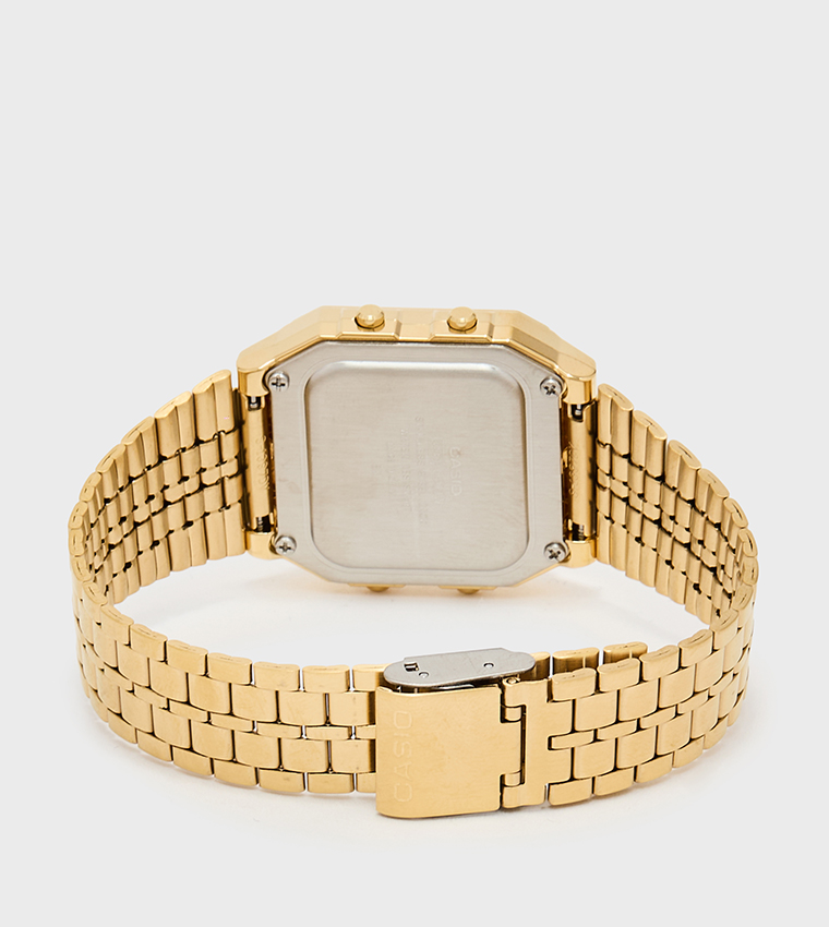 Gold Dial Stainless Steel Strap Digital Watch