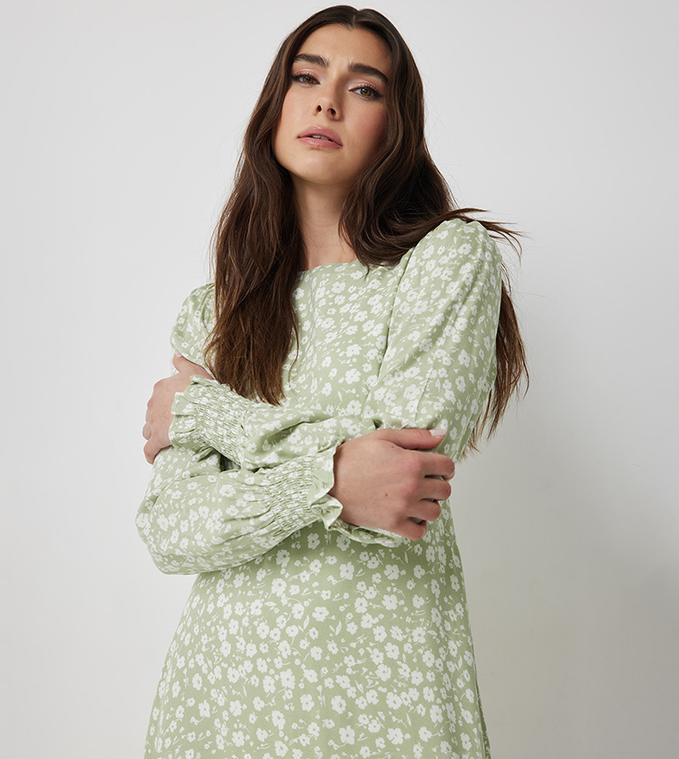 Buy Ardene Floral Print Puff Sleeves Maxi Dress In Green | 6thstreet Saudi  Arabia