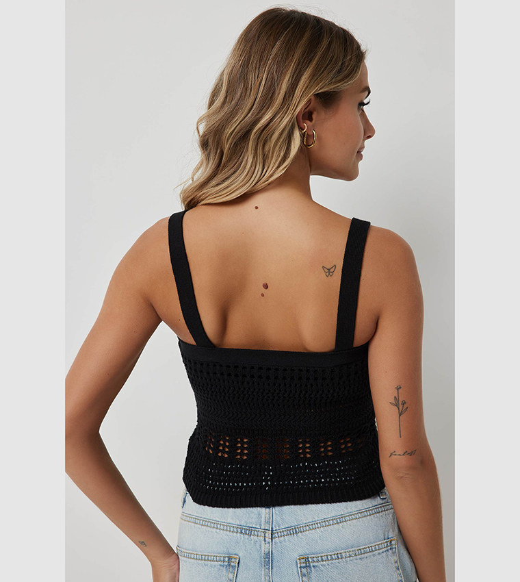 Openwork Square Neck Crop Top