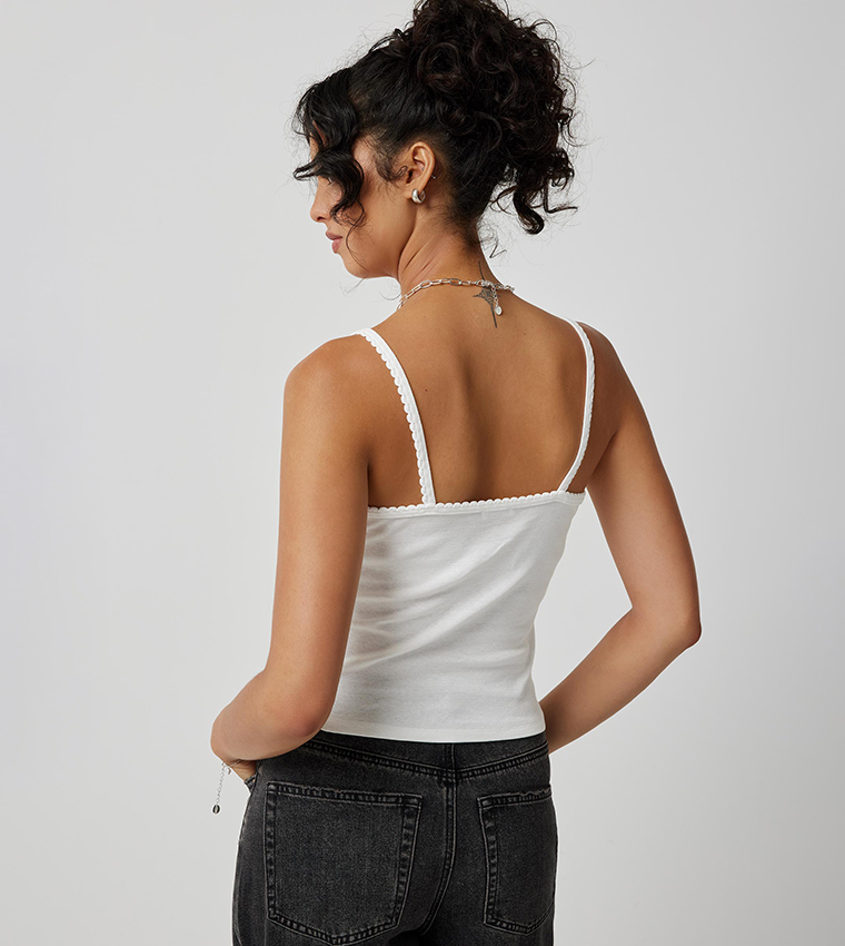 Ribbed Picot Trim Sleeveless Top
