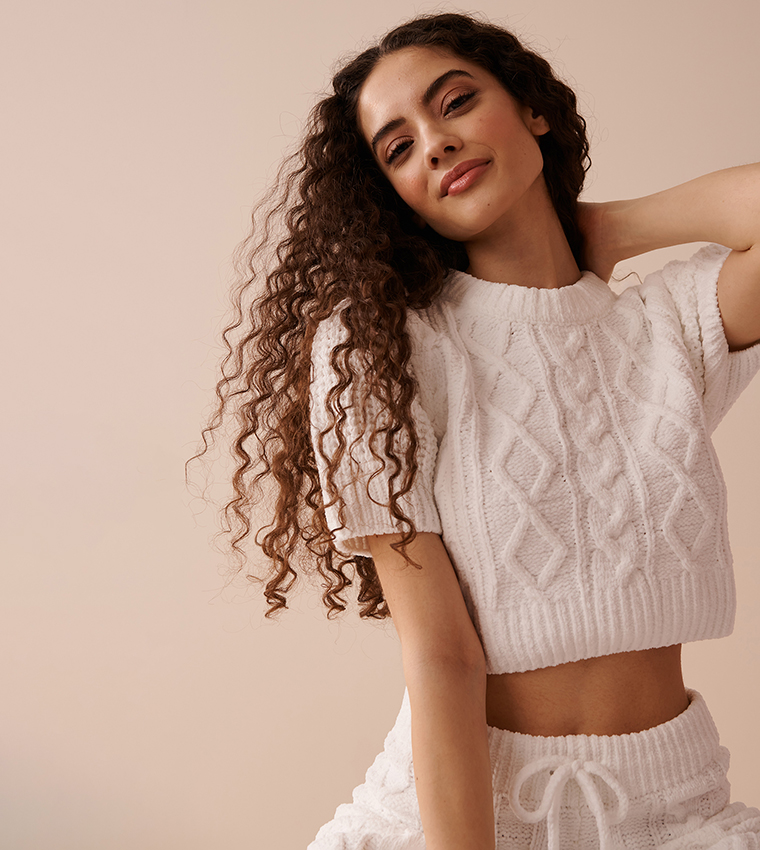 Cable-Knit Chenille Crop T-Shirt