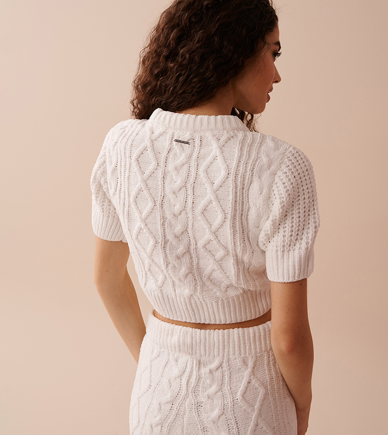 Cable-Knit Chenille Crop T-Shirt