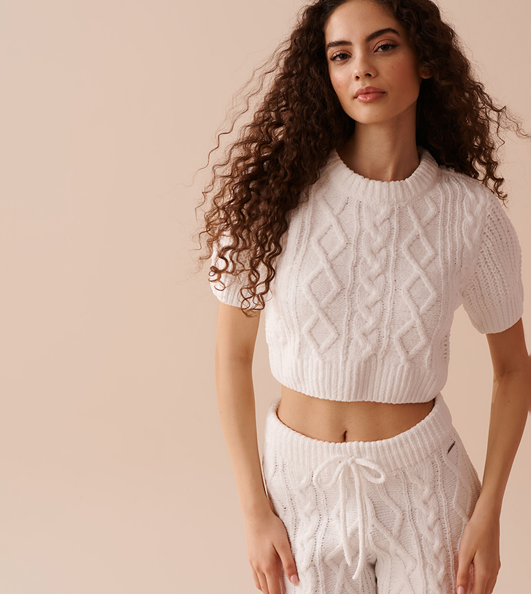 Cable-Knit Chenille Crop T-Shirt