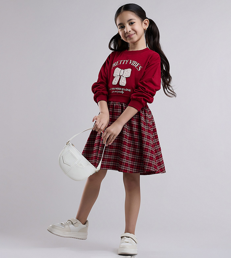 Printed Knit Dress with Crew Neck and Long Sleeves