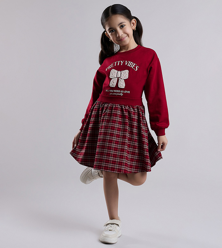 Printed Knit Dress with Crew Neck and Long Sleeves