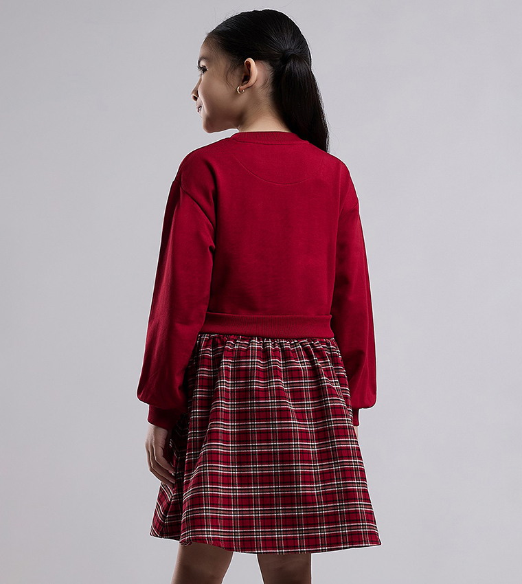 Printed Knit Dress with Crew Neck and Long Sleeves