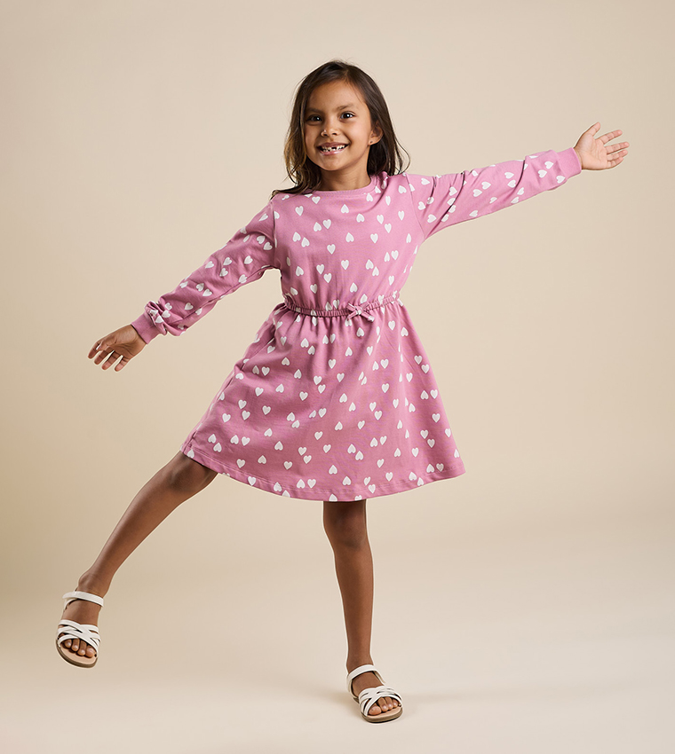 Heart Print Flared Dress with Crew Neck and Long Sleeves
