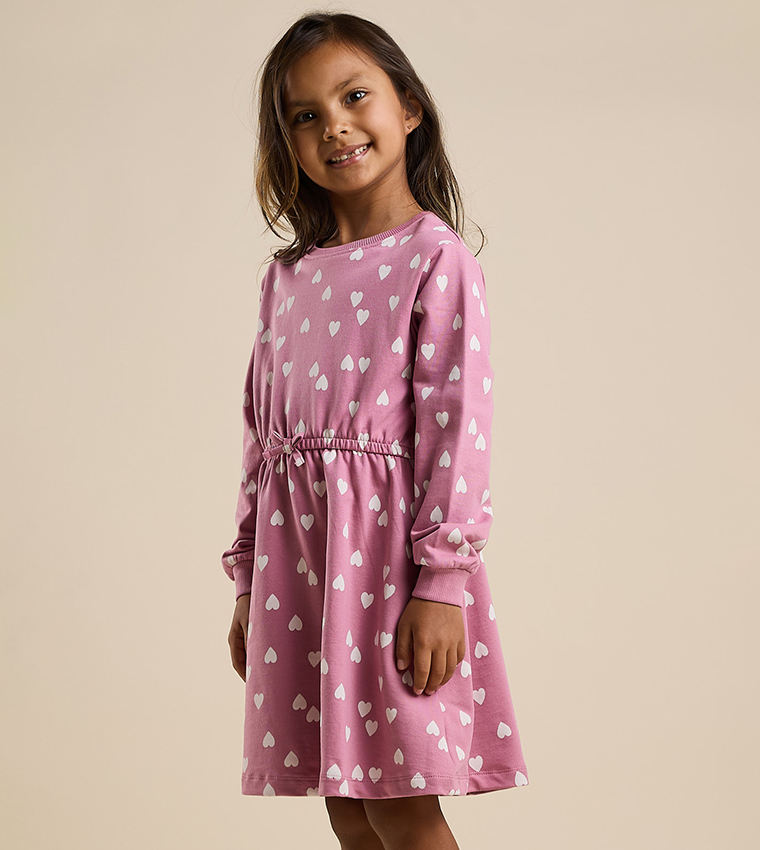 Heart Print Flared Dress with Crew Neck and Long Sleeves